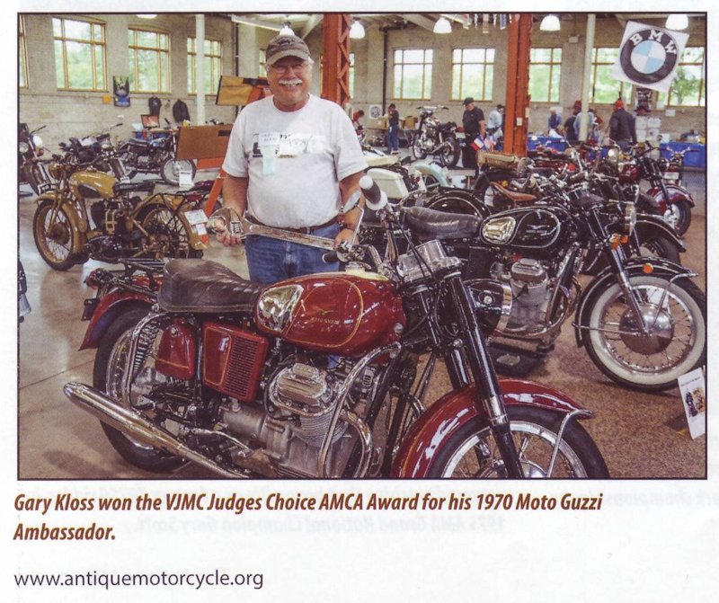Gary Kloss won the VJMC Judges Choice AMCA Award for his 1970 Moto Guzzi Ambassador. An excerpt from the article published in the The Antique Motorcycle, Volume 54, Number 2:
Highlighting what he refers to as the bike's agrarian utility is the name of the Moto Guzzi restoration outfit where he bought his wiring harness—thisoldtractor.com!